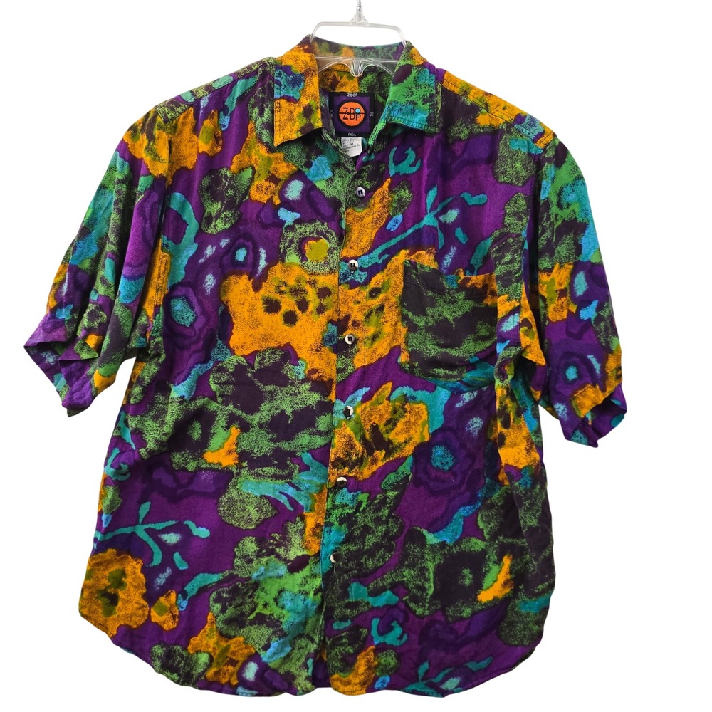 Vintage Z Bop‎ 90s Abstract Rayon Shirt Purple Green Grunge Festival Button Up M
